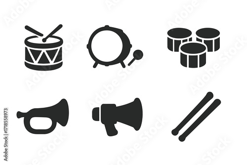 Cadence Instrument Icons. Solid, filled icon set of cadence instruments: snare drum, bass drum, cymbals, tenor drums, bugle, whistle, megaphone, drumsticks.