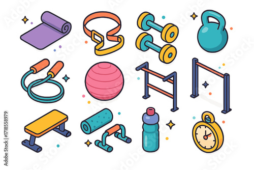 Colorful Home Workout Icons. Home Workout. Colorful isometric vector icons set of Home Workout: yoga mat, resistance band, dumbbells, kettlebell, jump rope,