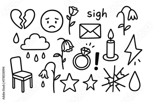 Broken Heart Doodles. Hand-drawn doodle illustration relationship disappointment broken heart, sad face, crying eye, crossed letter, wilted rose, sigh bubble,