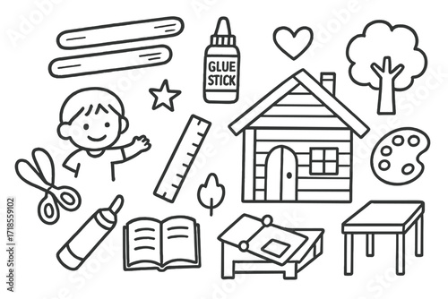 Creative Doodle Construction. Hand-drawn doodle illustration Creative house building popsicle sticks, glue stick, scissors, child figure, ruler, house, roof,