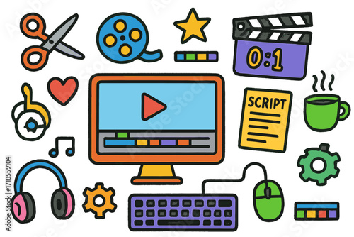 Creative Film Tools. Film editing. Colorful Hand-drawn doodle Children illustration computer, scissors, film reel, clapperboard, script, coffee cup, star,