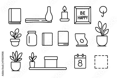 Minimalist Shelf Doodle. Hand-drawn doodle illustration Minimalist shelf arrangement [closed book, single vase, floating shelf, candle, framed quote, wall