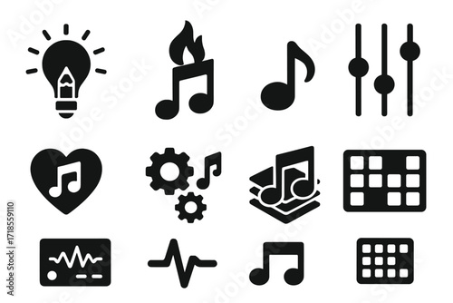 Beatmaker Icon Set. Solid, filled icon set of beatmaker concepts: creativity, inspiration, rhythm, groove, sync, layering, sampling, sequencing. Solid, filled