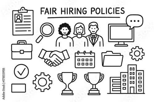 Diverse Hiring Icons. Hand-drawn doodle illustration [Fair hiring policies] [clipboard, resume, diverse team, magnifying glass, handshake, computer, briefcase,