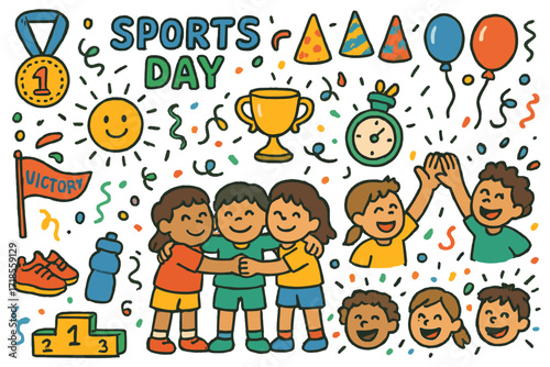 Sports Day Celebration. Colorful Hand-drawn doodle Children illustration Sports day champion medal, first place podium, trophy, team hug, celebration hats,