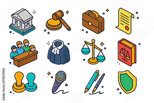 Vibrant Legal Icons. Legal process. Colorful isometric vector icons set of legal process: courthouse, gavel, lawyer briefcase, contract document, jury, judge?s
