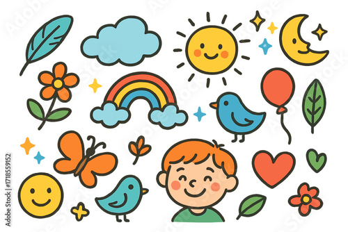 Whimsical Children's Doodle. Colorful Hand-drawn doodle Children illustration Gentle Breeze feather, cloud, rainbow, sun, moon, stars, sparkles, flower,