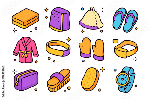 Sauna Accessories Icons. Colorful isometric vector icons set of Sauna accessories and clothing: cotton towel, sauna wrap, felt hat, flip-flops, bathrobe,