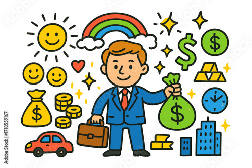 Wealthy Doodle Parody. Colorful Hand-drawn doodle Children illustration Rich Businessman businessman with suit, briefcase, money bag, coins, dollar sign, gold