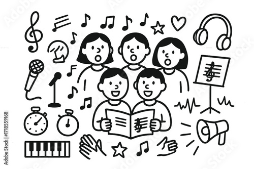 Choir Rehearsal Doodle. Hand-drawn doodle illustration Group singing practice choir of people, microphone, music stand, sheet music, treble clef, headphones,