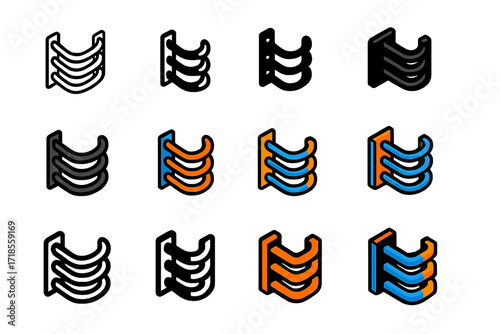 Cable Management Logos. Set Logo of Arranging office cables neatly: Wall-mounted cable ladder rack. Logo set in vector style, emblematic variations. line, bold