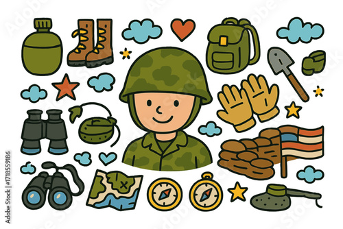 Military Icon Doodles. Military life. Colorful Hand-drawn doodle Children illustration soldier helmet, boots, backpack, canteen, gloves, star, heart, trench,