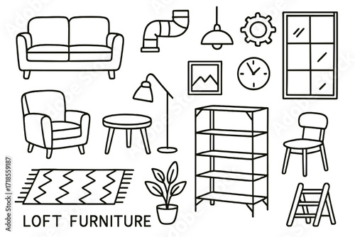 Loft Style Doodle. Hand-drawn doodle illustration [Loft style furniture] [sofa, armchair, coffee table, metal shelf, floor lamp, rug, exposed duct, wall art,