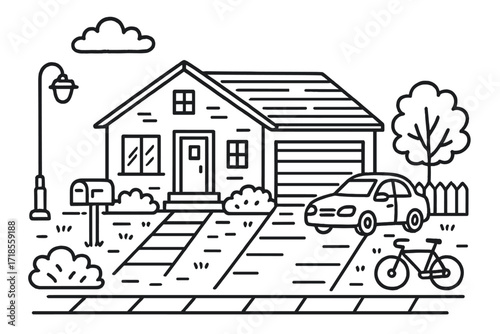 Modern House Doodle. Hand-drawn doodle illustration [dark exterior architecture] [modern house, roof, windows, door, garage, driveway, fence, tree, lamp post,