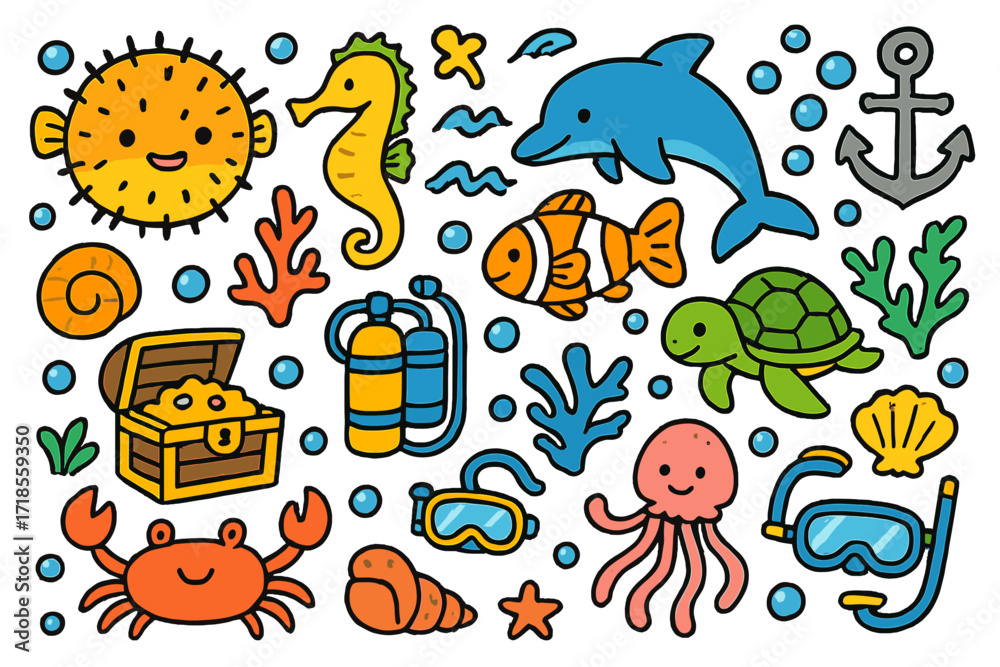 Fototapeta premium Marine Doodle Fun. Colorful Hand-drawn doodle Children illustration Marine life fun pufferfish, sea horse, dolphin, turtle, coral, sea snail, anchor,