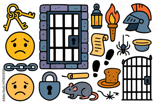 Dungeon Doodle Adventure. Colorful Hand-drawn doodle Children illustration Prison dungeon barred door, keys, lock, sad face, chain, stone wall, lantern,