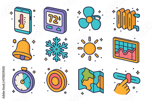 Temperature Control Icons. Colorful isometric vector icons set of adjusting temperature via app: smartphone with temperature slider, digital thermostat, fan