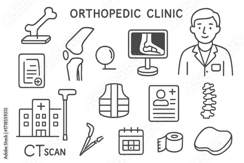 Orthopedic Clinic Doodles. Hand-drawn doodle illustration Orthopedic Clinic bone model, doctor in coat, knee joint, x-ray machine, hospital building, patient