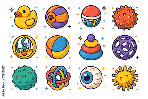 Colorful Toy Ball Icons. Colorful isometric vector icons set of toy balls: rubber duck ball, squeaky ball, rattle ball, spiky massage ball, ball maze toy,