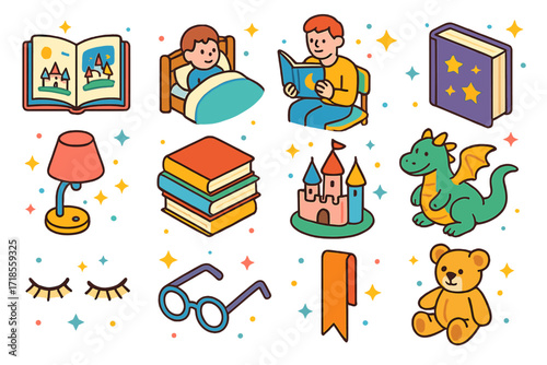 Bedtime Story Icons. Colorful isometric vector icons set of bedtime story moments: open picture book, child in bed listening, parent reading aloud, book cover