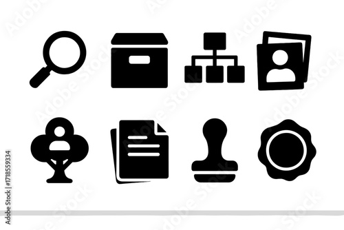 Family History Icons. Solid, filled icon set of family history tools: magnifying glass, archive box, genealogy chart, old photos, family tree, documents,