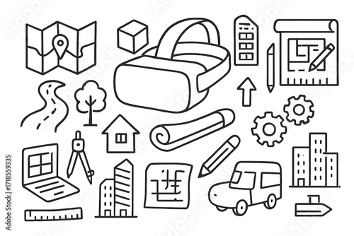 VR Urban Planning Doodles. Hand-drawn doodle illustration VR urban planning VR headset, map, road, tree, cube, skyscraper, blueprint, ruler, pencil, arrow,