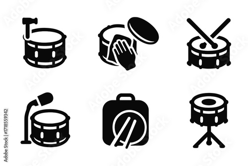 Percussion Maintenance Icons. Solid, filled icon set of percussion maintenance: tuning, cleaning, head replacement, stick replacement, microphone setup, case