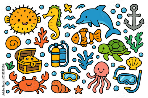 Marine Doodle Fun. Colorful Hand-drawn doodle Children illustration Marine life fun pufferfish, sea horse, dolphin, turtle, coral, sea snail, anchor,