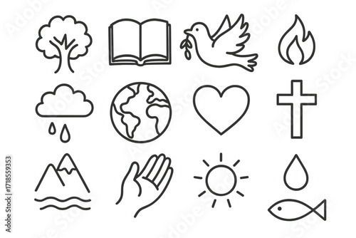 Creation Care Symbols. Hand-drawn doodle illustration Creation care in religion tree, river, book, dove, flame, cloud, earth, hand, heart, cross, mountain,