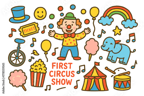 Circus Doodle Extravaganza. Colorful Hand-drawn doodle Children illustration First Circus Show [clown, juggling balls, unicycle, popcorn, cotton candy,
