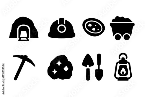 Gold Mining Icons. Solid, filled icon set of gold mining: mine entrance, miner?s helmet, gold pan, mine cart, pickaxe, rock with gold, excavation tools,