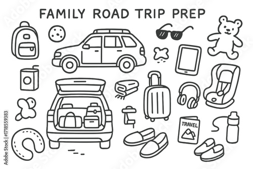 Road Trip Essentials. Hand-drawn doodle illustration [Family road trip prep] [SUV, child?s backpack, travel snacks, stuffed toy, sunglasses, tablet, car seat,