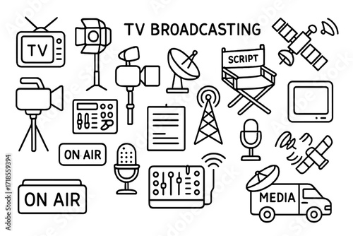 TV Broadcasting Icons. Hand-drawn doodle illustration [TV broadcasting] [camera, studio light, satellite dish, director chair, control panel, broadcast tower,