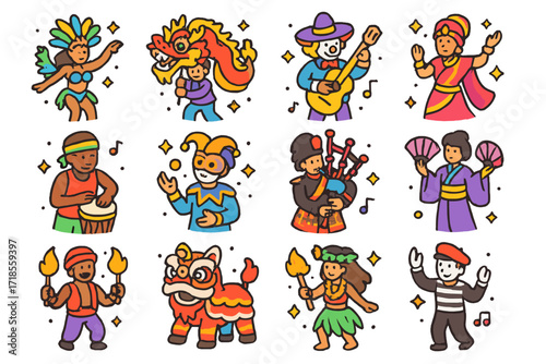 International Circus Icons. Colorful isometric vector icons set of international circus parades: samba dancer, dragon dance, mariachi clown,