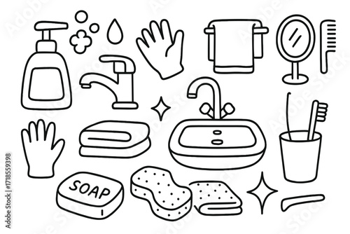 Bathroom Essentials Doodle. Hand-drawn doodle illustration Foam soap dispenser pump dispenser bottle, foamy bubbles, droplet, hand, towel, faucet, sink, glove,