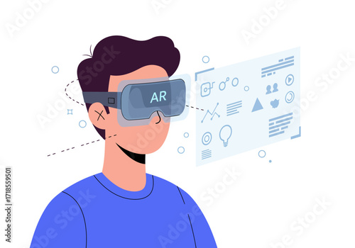 A Man Wearing an AR Headset to Interact with a Digital Interface and Data