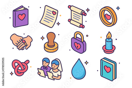 Wedding Vow Icons. Colorful isometric vector icons set of wedding vows: vow book, handwritten letter, vow scroll, wedding ring, vow exchange hands, heart seal