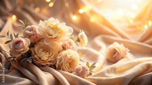 A delicate bouquet of pastel roses and blossoms rests gently on a luxurious, flowing fabric, illuminated by a soft, warm glow.