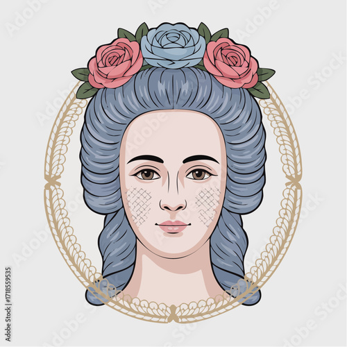 rococo porcelain doll portrait with pastel rose crown and gilded lace scrollwork – elegant antique-inspired svg vector