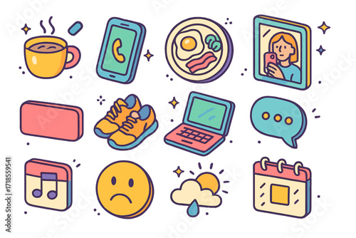 Isometric Daily Icons Set. Colorful isometric vector icons set of Daily sketch diary: coffee cup doodle, phone icon sketch, breakfast plate drawing, mirror