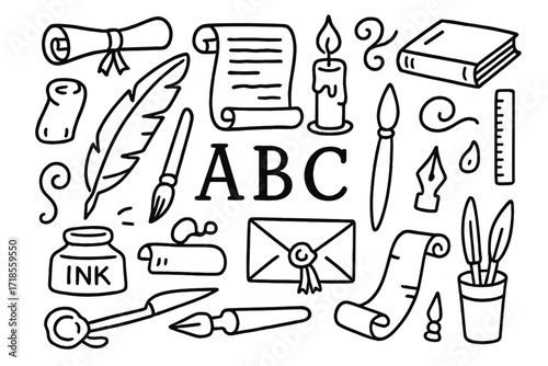 Calligraphy Essentials Collection. Hand-drawn doodle illustration Calligraphy writing quill pen, ink pot, brush, scroll, parchment, alphabet letters,