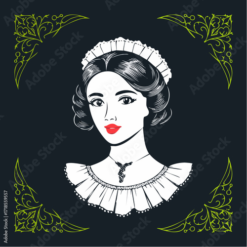 victorian gothic porcelain doll with auburn ringlets and gold-filled bonnet lace – refined vintage svg vector
