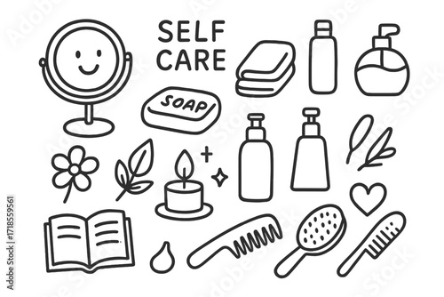 Self-Care Essentials Doodle. Hand-drawn doodle illustration self-care mirror, smiling face, towel, soap bar, lotion bottle, perfume, flower, leaf, candle,