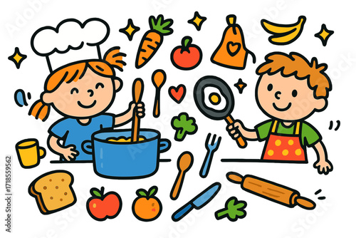 Kids Cooking Fun. Colorful Hand-drawn doodle Children illustration Cooking Together pot, pan, rolling pin, vegetables, bread, fruit, spoon, fork, knife, apron,