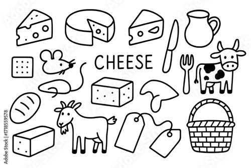 Cheese Lover's Doodle. Hand-drawn doodle illustration Cheese cheese wedge, cheese wheel, cheese slice, mouse, cracker, knife, fork, milk jug, cow, goat, bread,