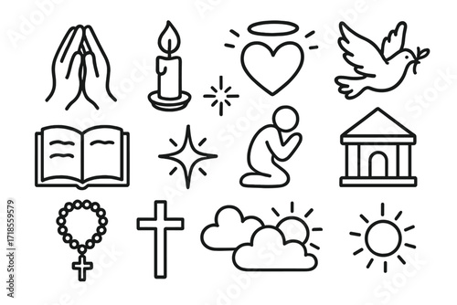 Sacred Symbols Doodle. Hand-drawn doodle illustration Sacred devotion praying hands, candle, flame, heart, halo, dove, open book, star, spark, person kneeling,