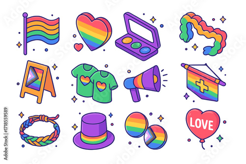 Pride Parade Icons. Colorful isometric vector icons set of pride parade symbols: rainbow flag, heart sticker, glitter makeup kit, colorful boa, inclusive