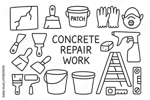 Concrete Repair Tools. Hand-drawn doodle illustration Concrete repair work [cracked wall, filler knife, patching bucket, gloves, mask, scraper, trowel, sponge,