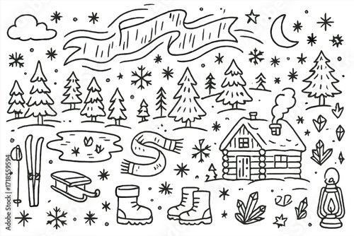 Winter Doodle Wonderland. Hand-drawn doodle illustration Winter aurora landscape snowflakes, pine trees, frozen lake, stars, moon, aurora ribbons, cabin,
