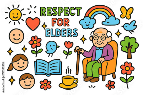 Respecting Elders Doodle. Colorful Hand-drawn doodle Children illustration Respect for Elders elderly person, cane, chair, heart, rainbow, sparkles, flower,